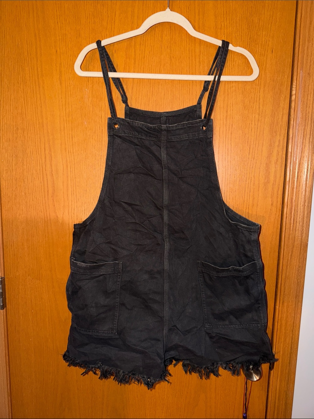 aerie Black Denim Short Overalls Romper with Frayed Hem